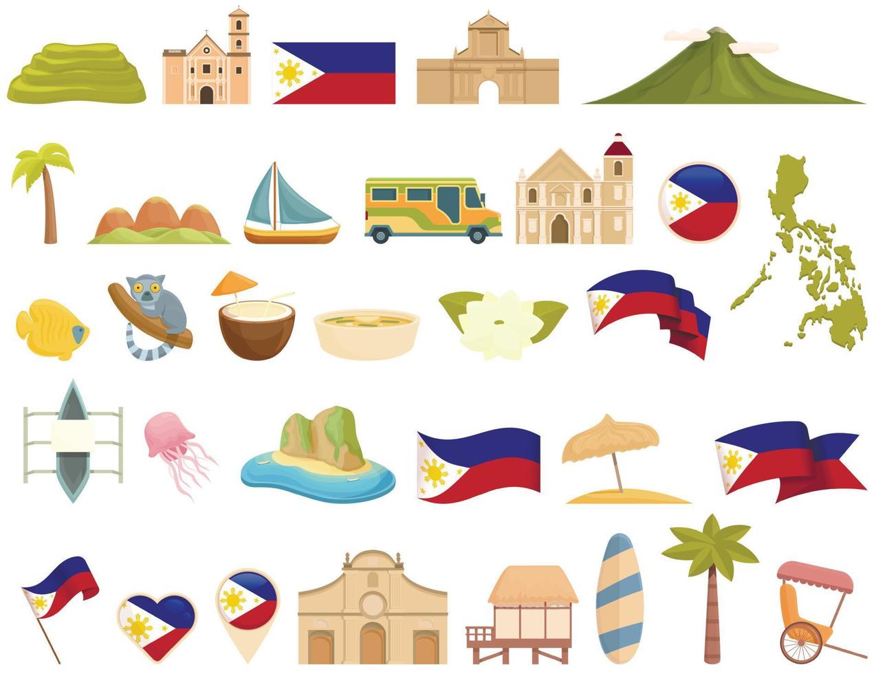 Philippines icons set cartoon vector. Bohol tarsier vector