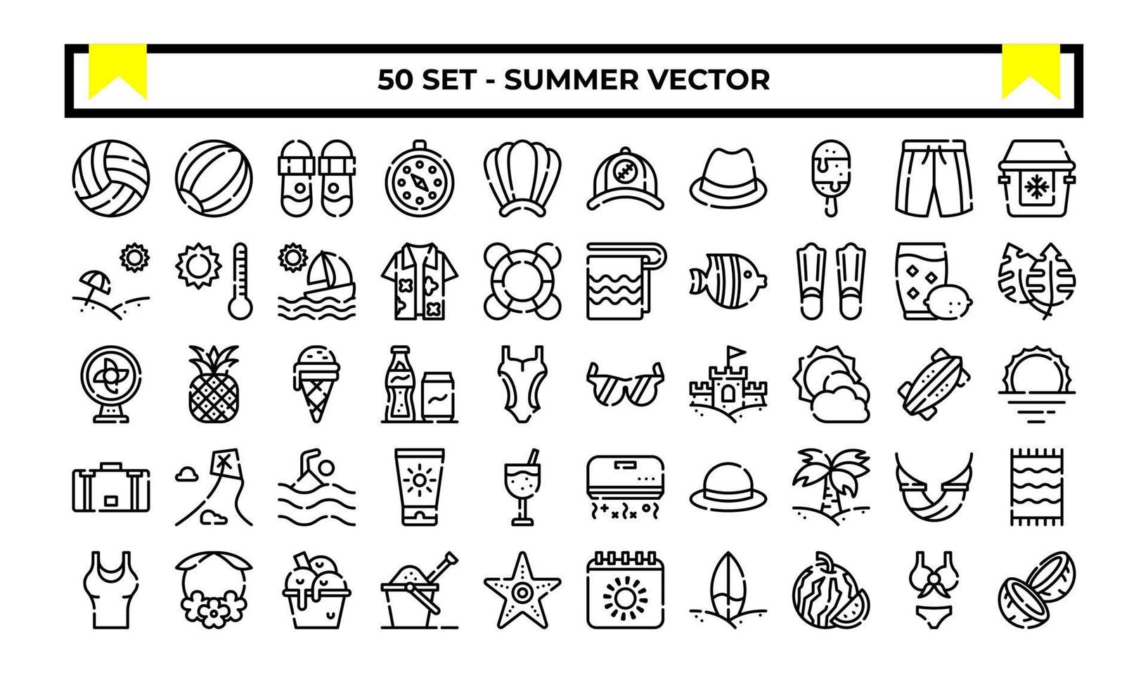 Summer icon set or logo illustration vector graphic with beach, sun, ball, sunglasses, etc. Perfect use for ui, website, pattern, design, etc.