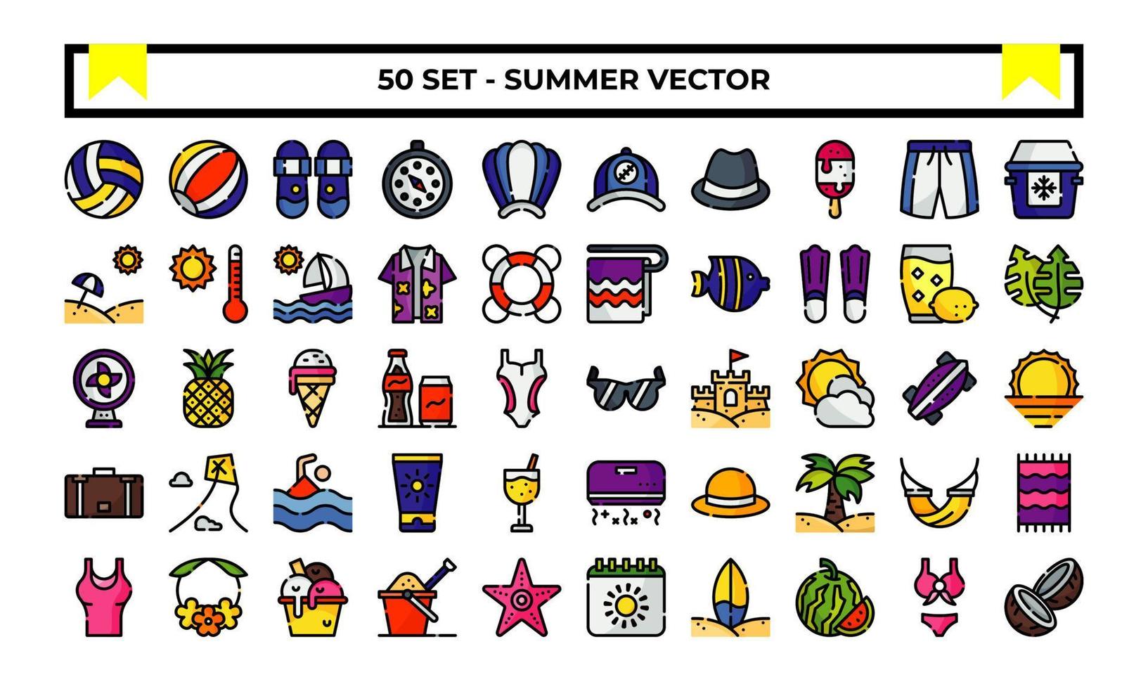 Summer icon set or logo illustration vector graphic with beach, sun, ball, sunglasses, etc. Perfect use for ui, website, pattern, design, etc.
