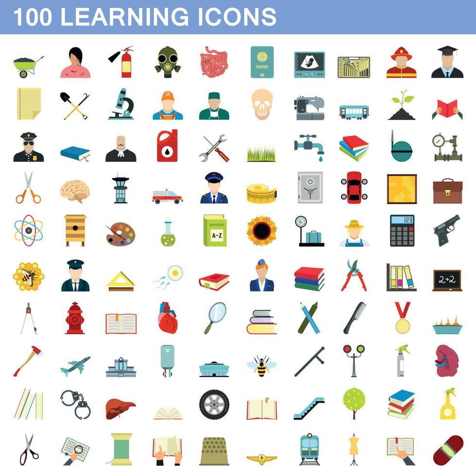 100 iconos de aprendizaje, estilo plano vector