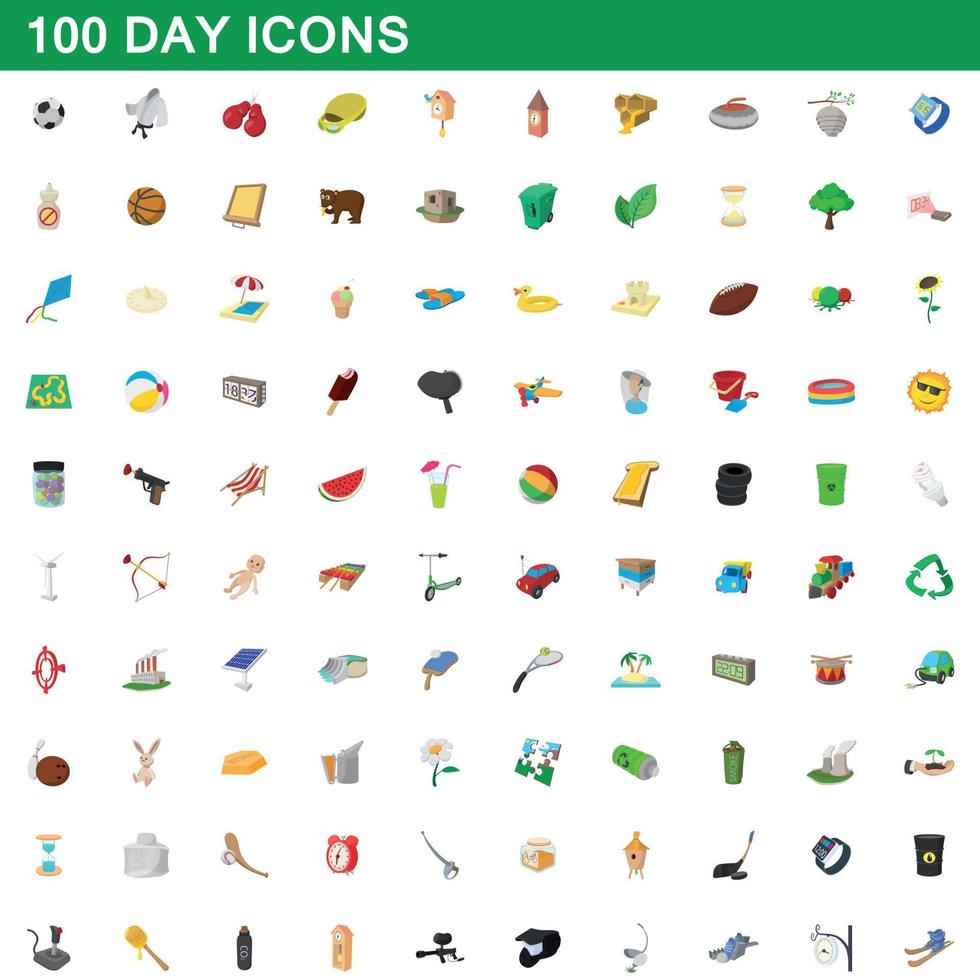 100 day icons set, cartoon style vector