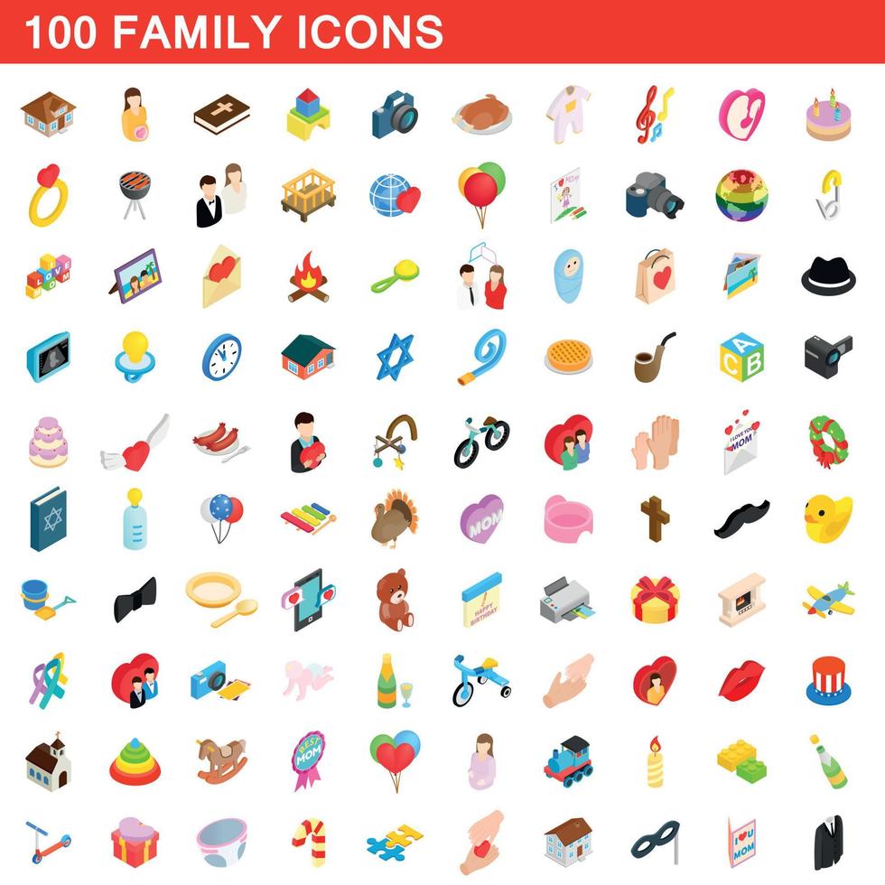 100 iconos familiares, estilo isométrico 3d vector