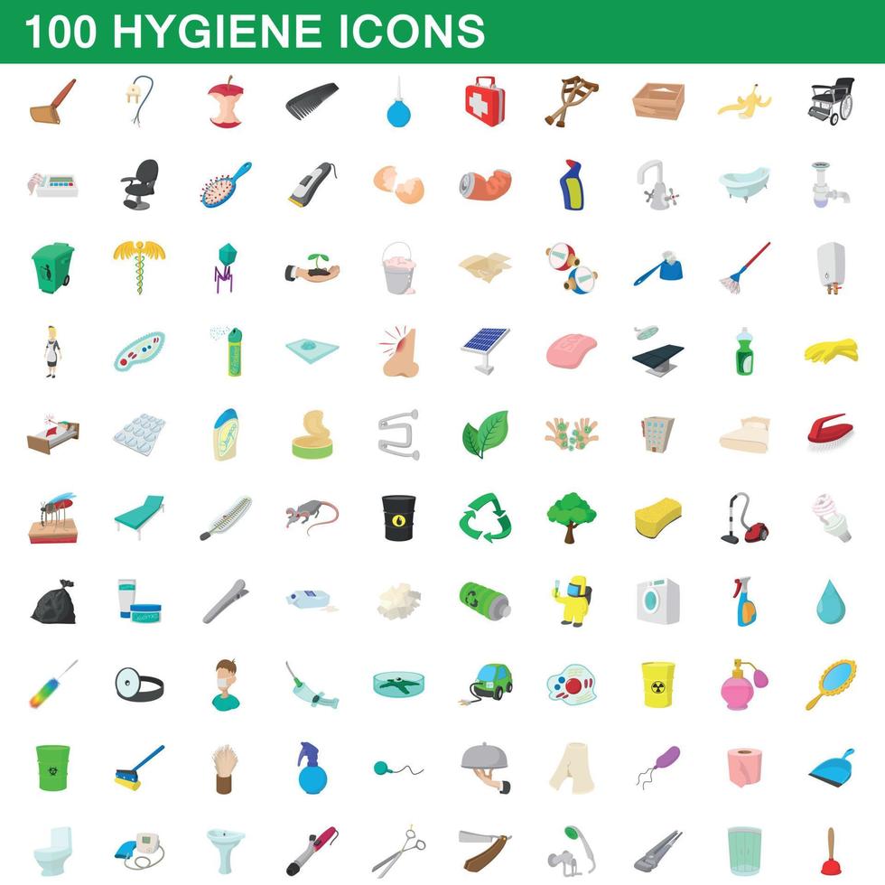 100 iconos de higiene, estilo de dibujos animados vector