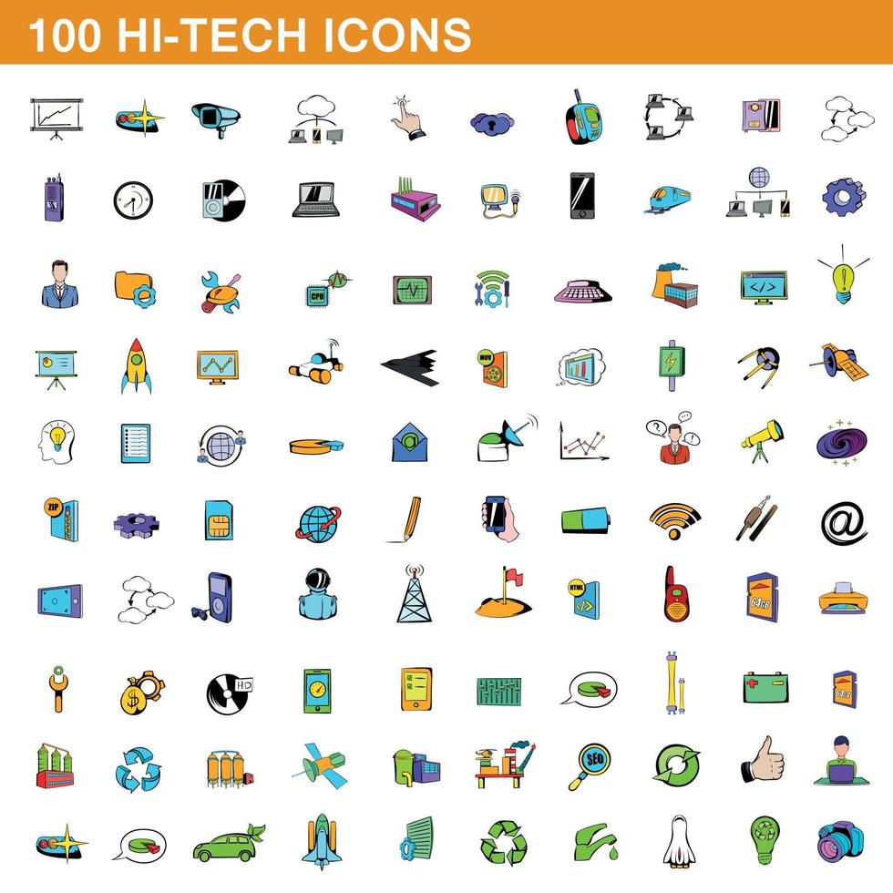 100 iconos de alta tecnología, estilo de dibujos animados vector