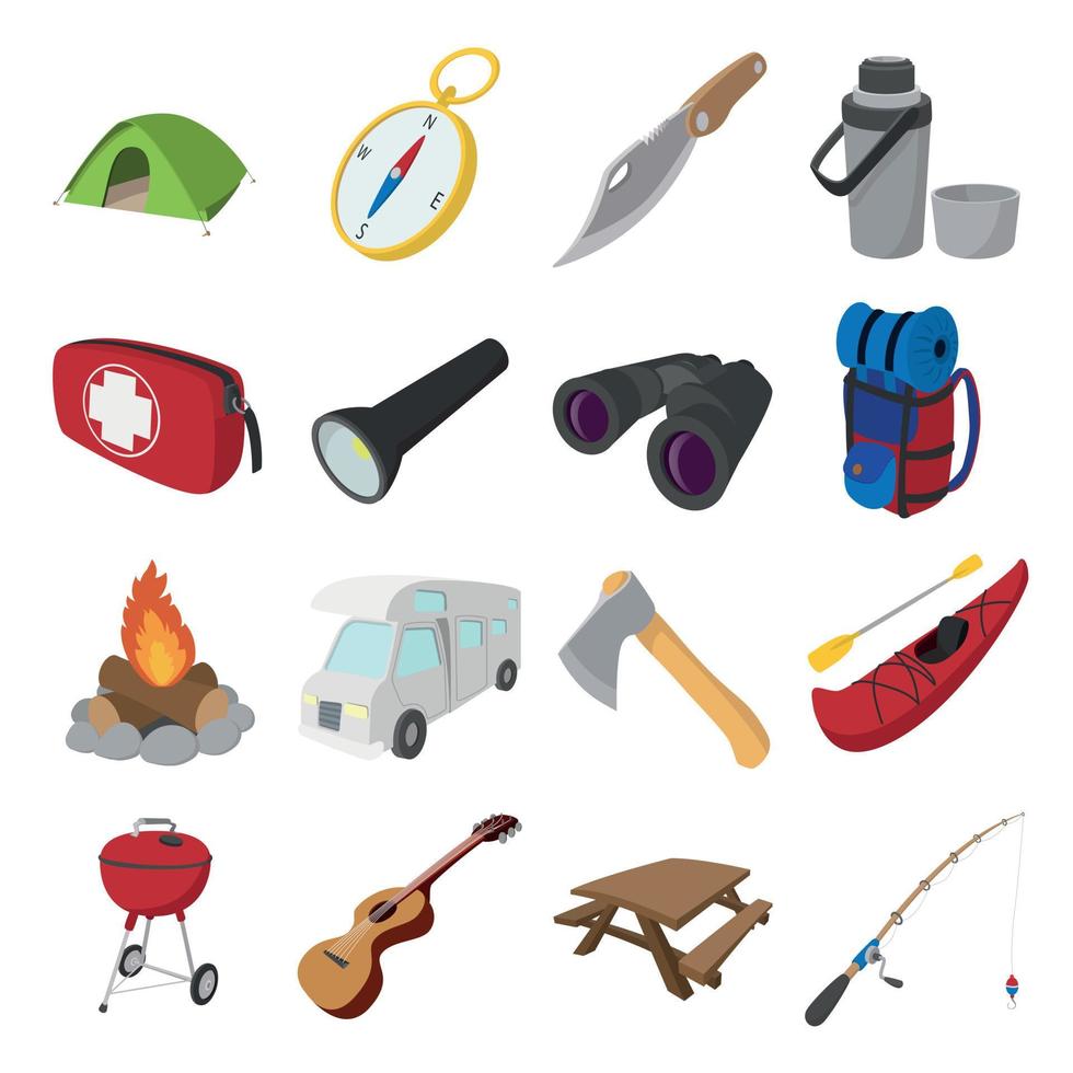 iconos de dibujos animados de camping vector