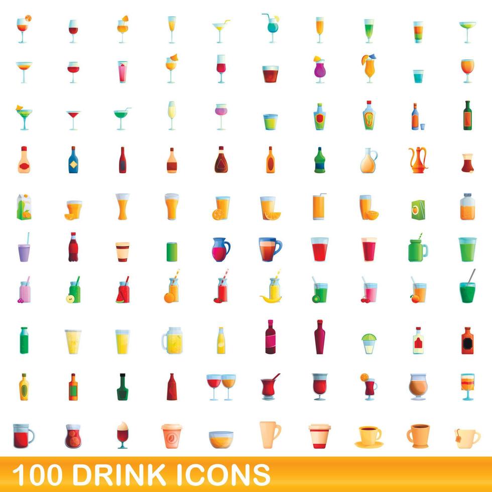 100 iconos de bebidas, estilo de dibujos animados vector