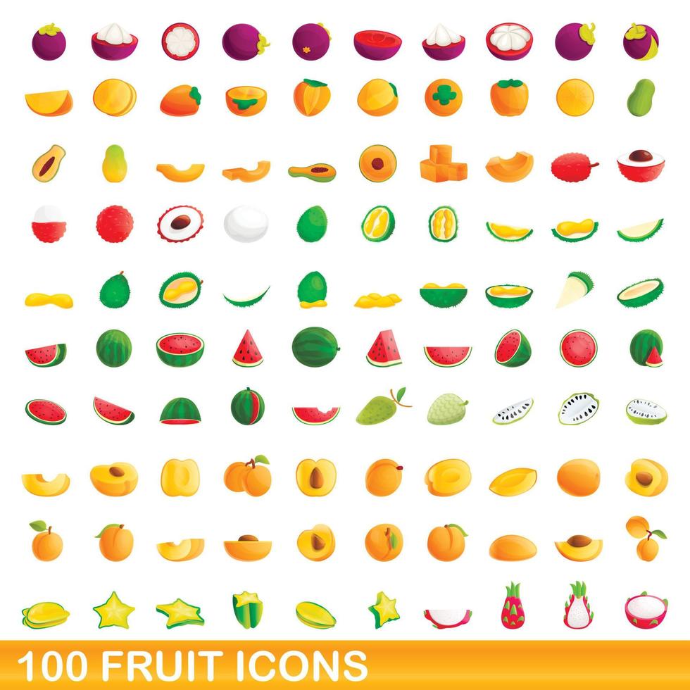 100 iconos de frutas, estilo de dibujos animados vector