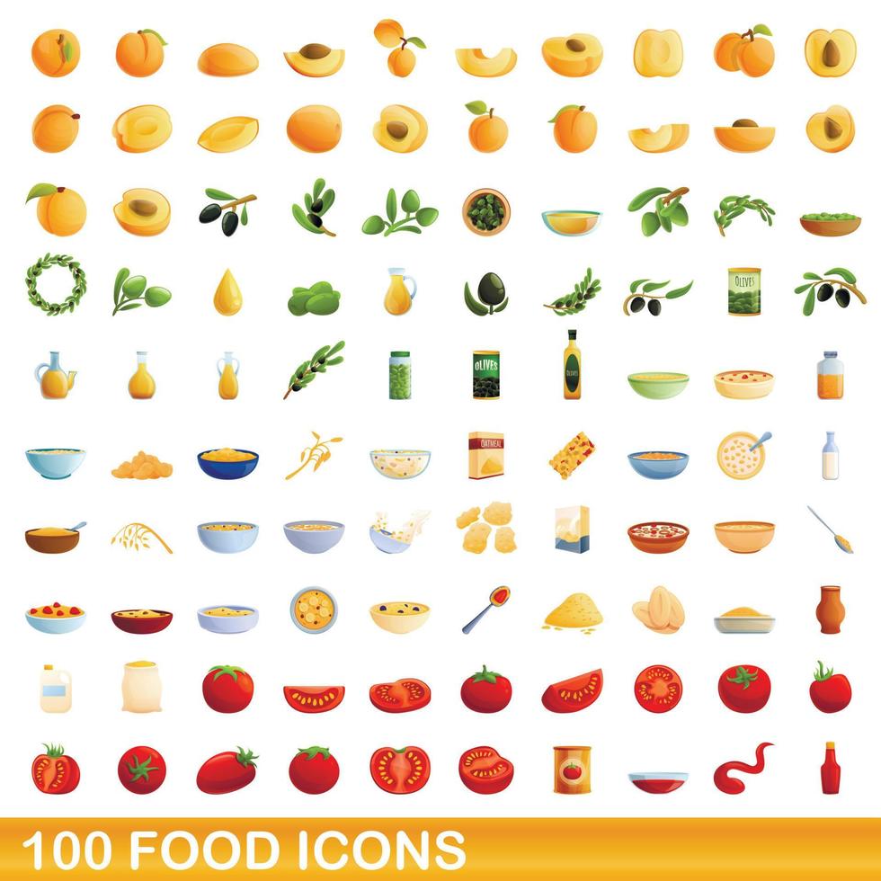 100 food icons set, cartoon style vector