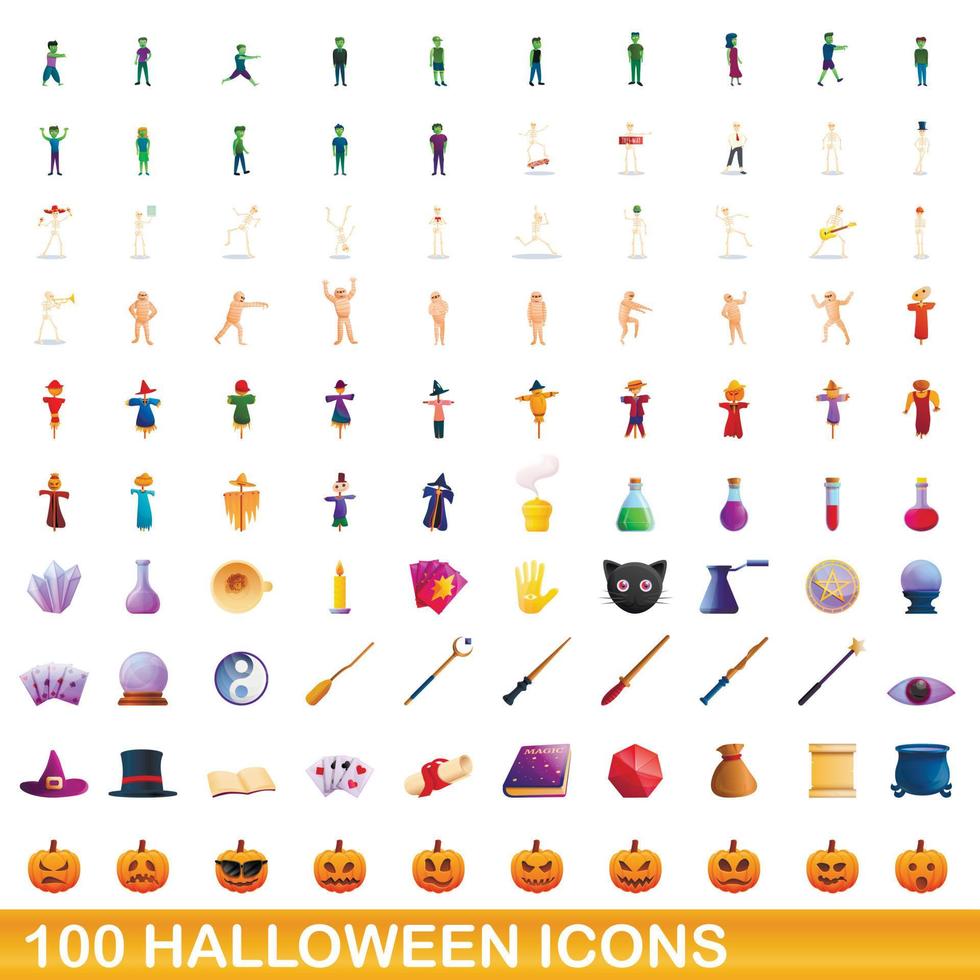 100 iconos de Halloween, estilo de dibujos animados vector