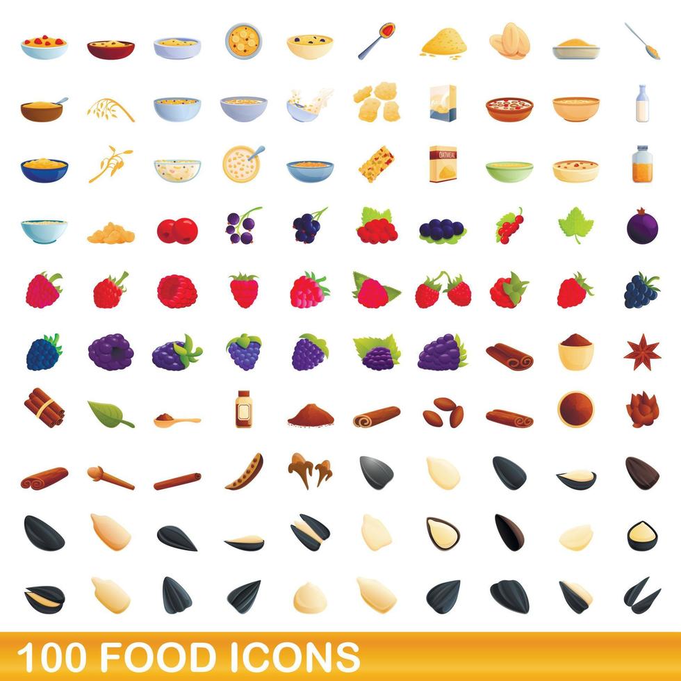 100 food icons set, cartoon style vector