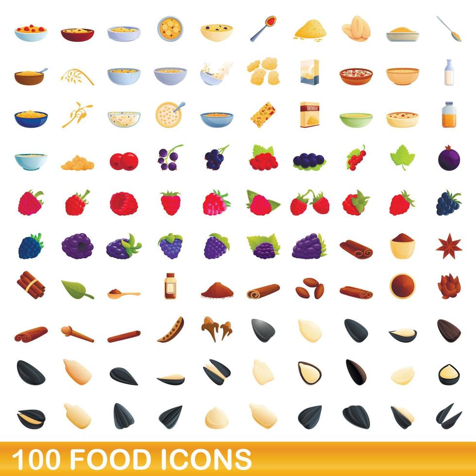 100 iconos de alimentos, estilo de dibujos animados vector