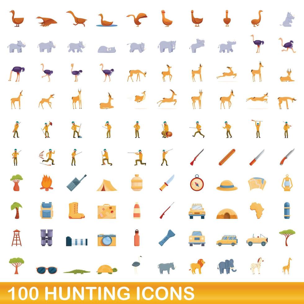 100 hunting icons set, cartoon style vector
