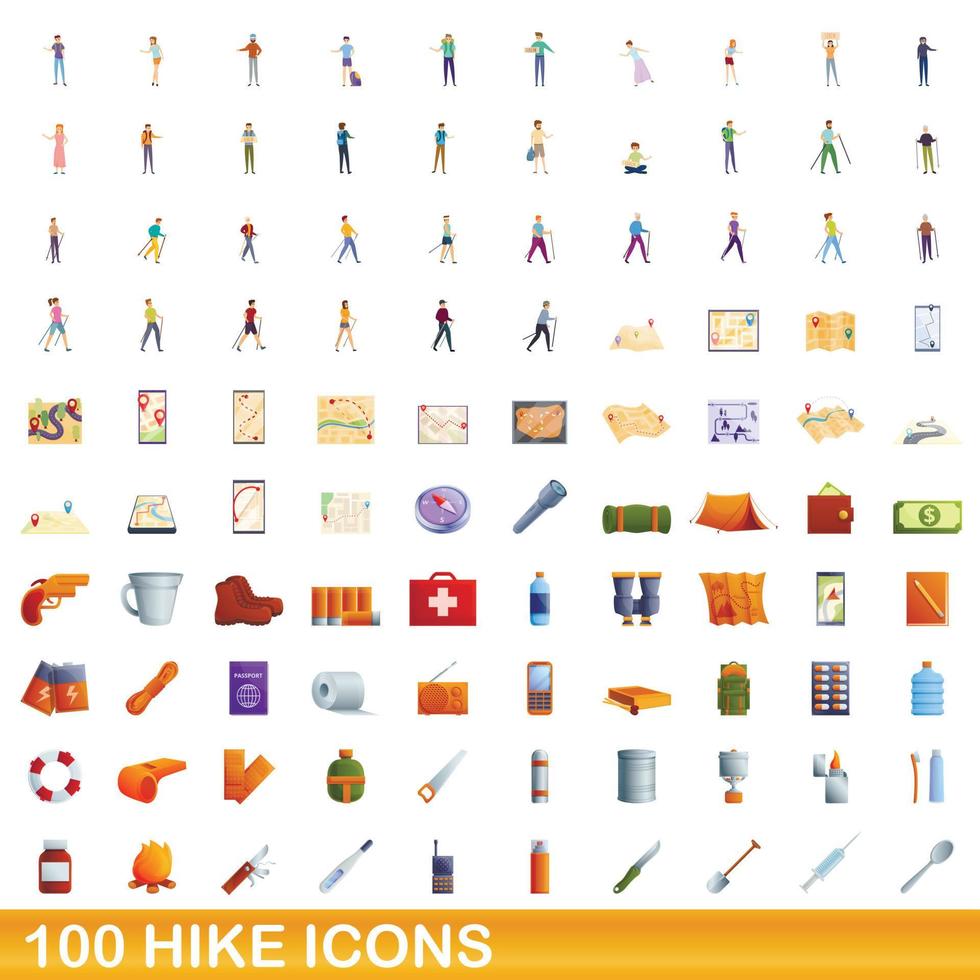 100 hike icons set, cartoon style vector