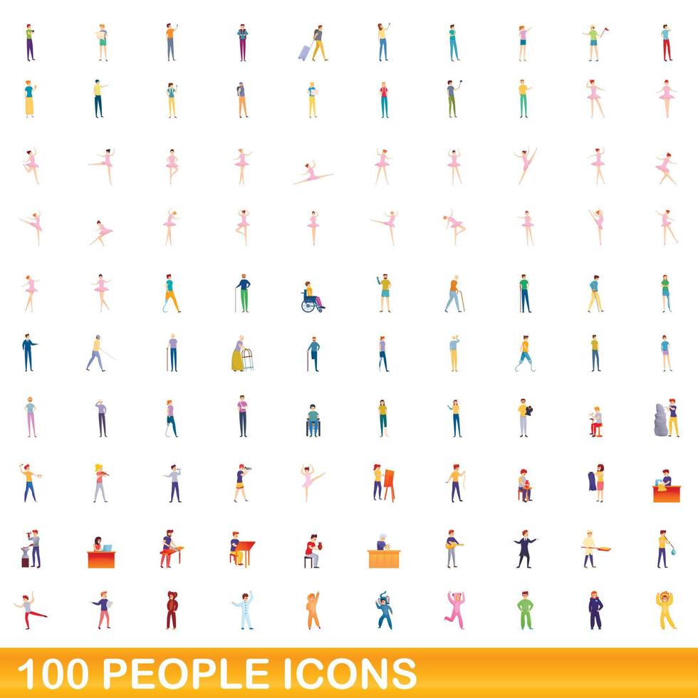 100 people icons set, cartoon style vector