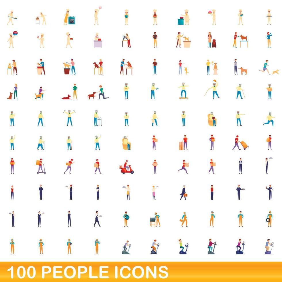 100 people icons set, cartoon style vector