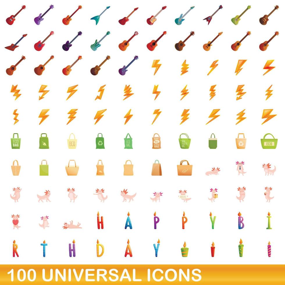 100 universal icons set, cartoon style vector