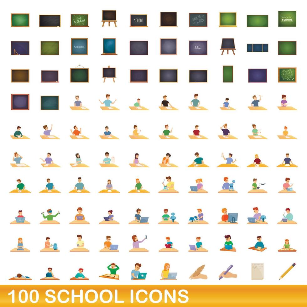 100 school icons set, cartoon style vector