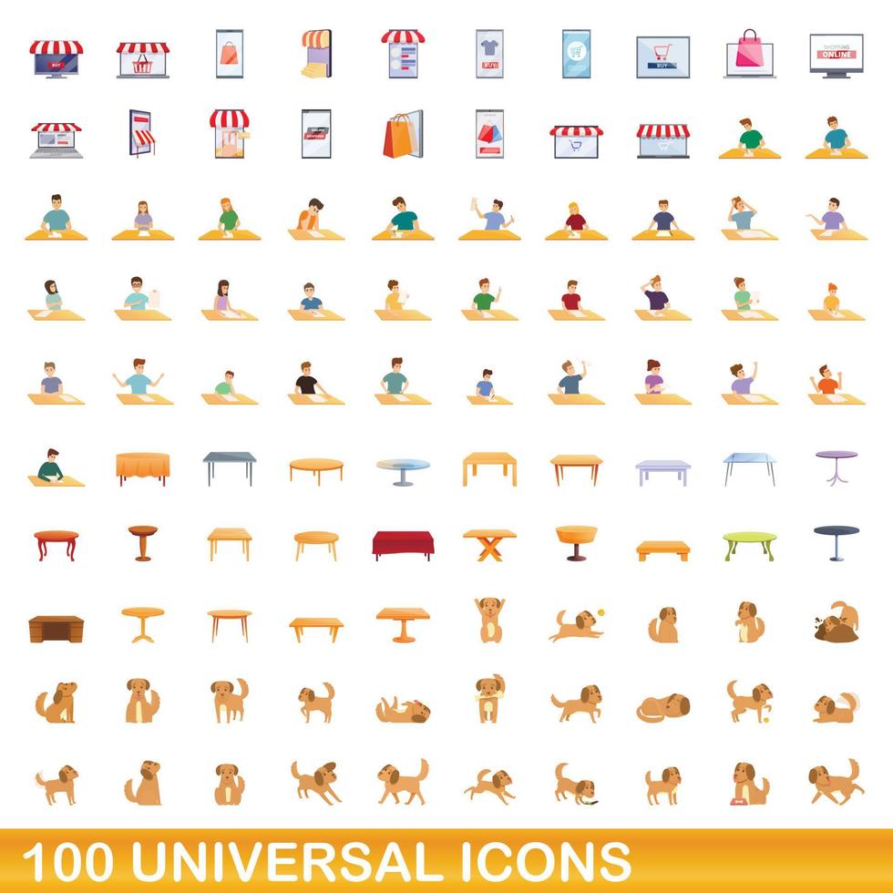 100 universal icons set, cartoon style vector