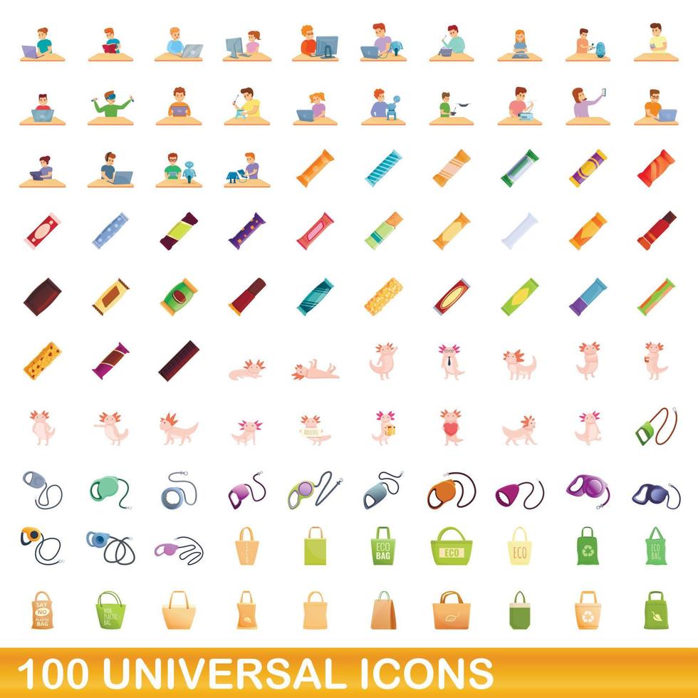 100 universal icons set, cartoon style vector