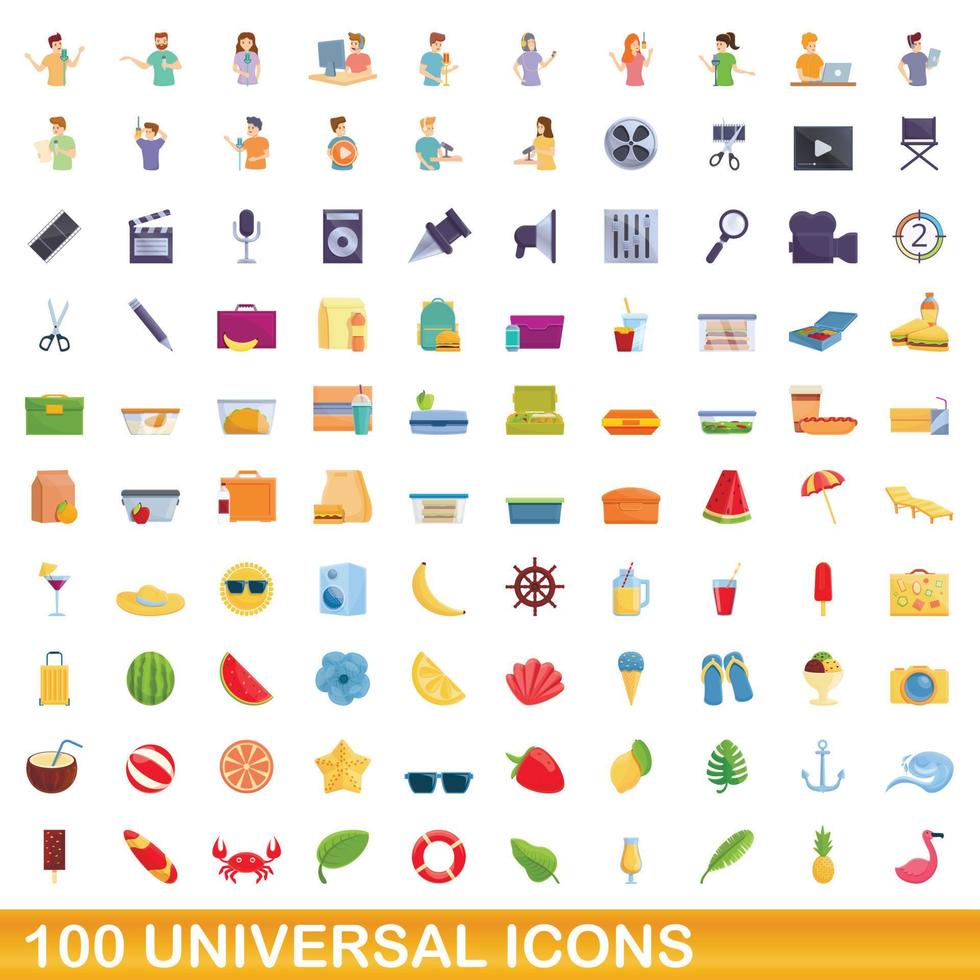 100 iconos universales, estilo de dibujos animados vector