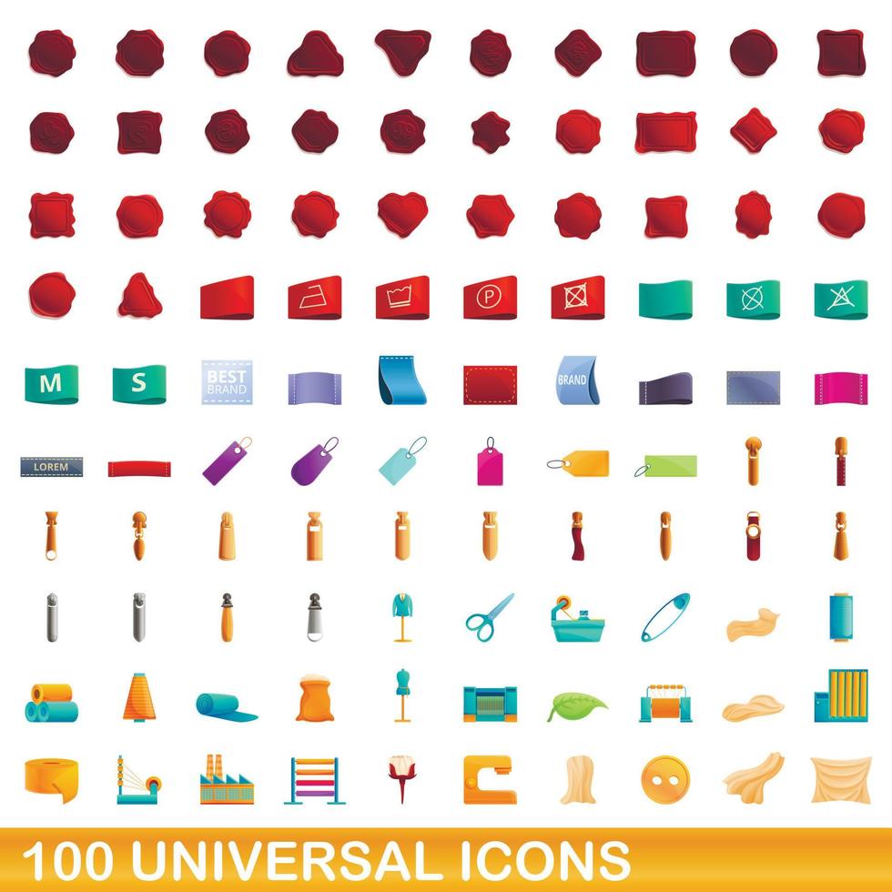 100 universal icons set, cartoon style vector