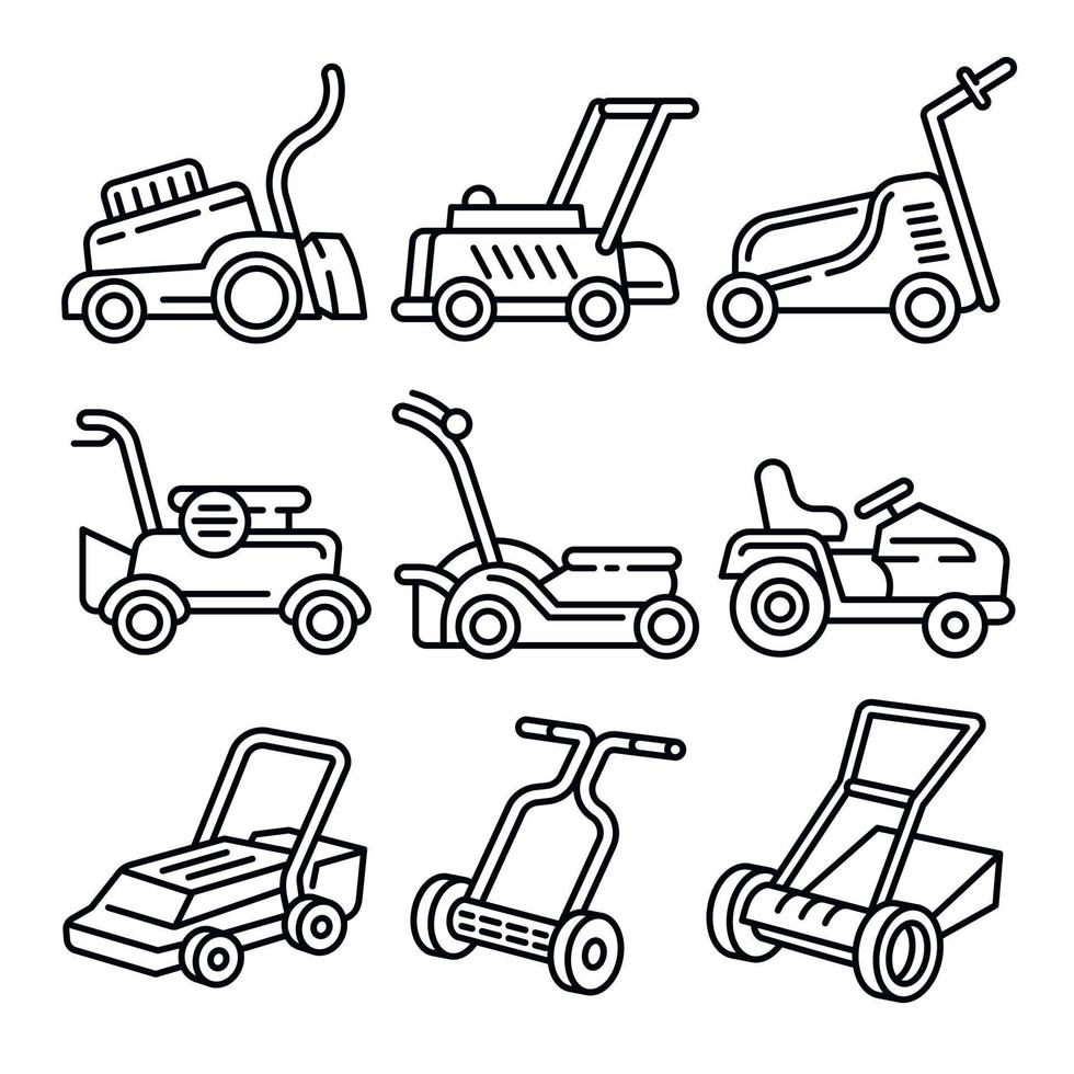 Lawnmower icons set, outline style vector