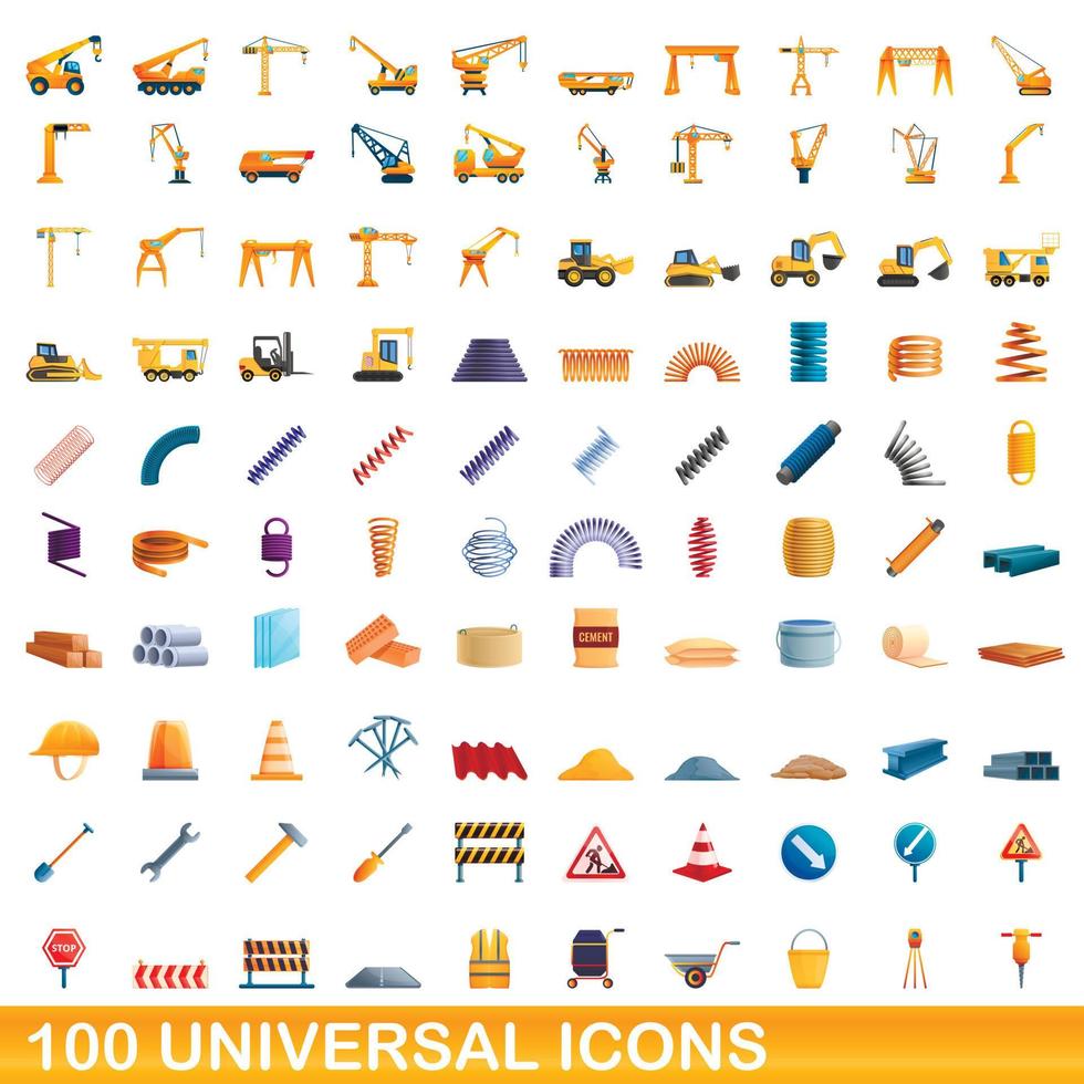 100 universal icons set, cartoon style vector