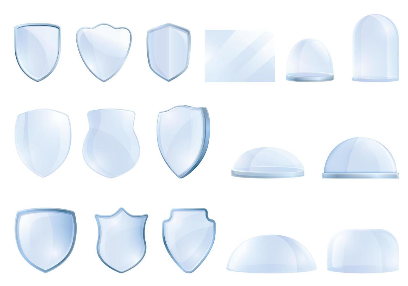 Protective glass icons set, cartoon style vector