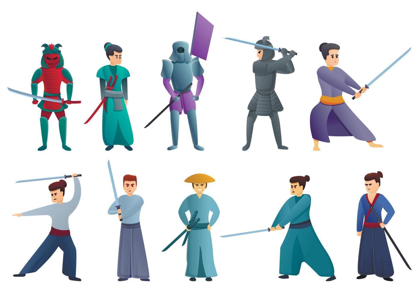 Samurai icons set, cartoon style vector