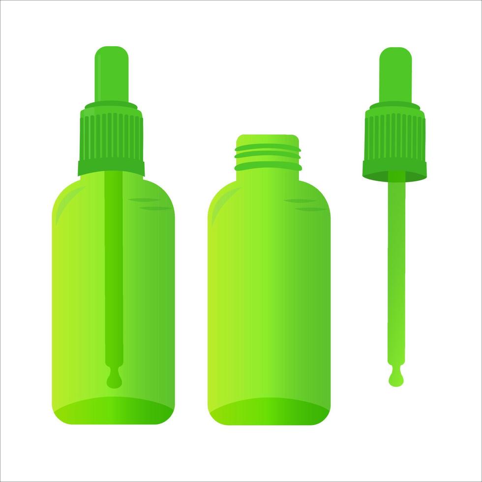 Green glass dropper bottle with pipette. vector