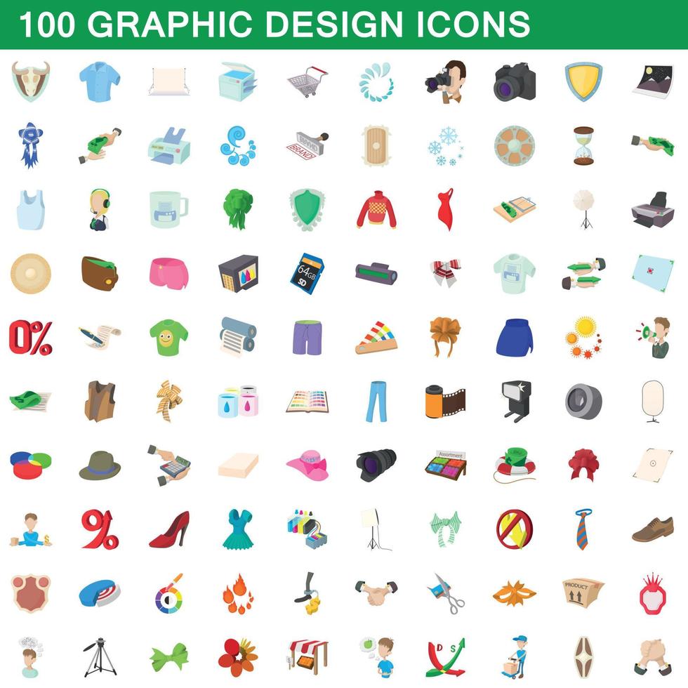 100 graphic design icons set, cartoon style vector
