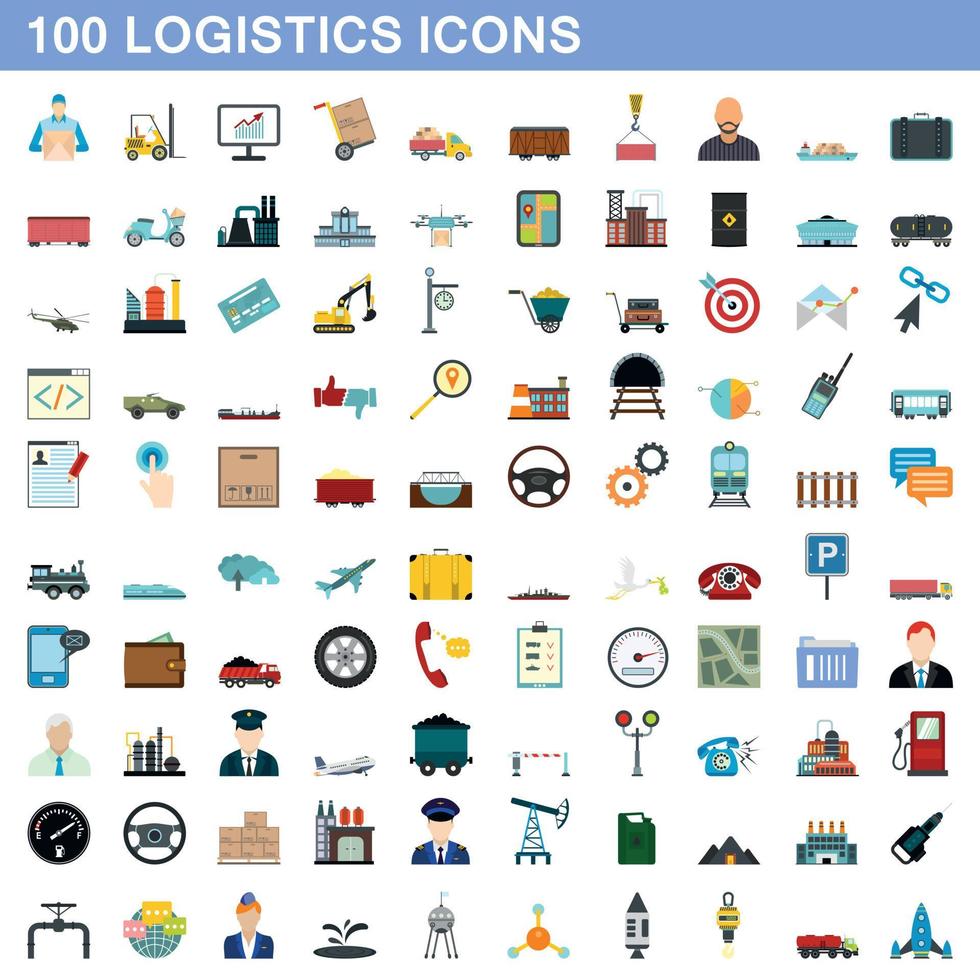 100 logistics icons set, flat style vector