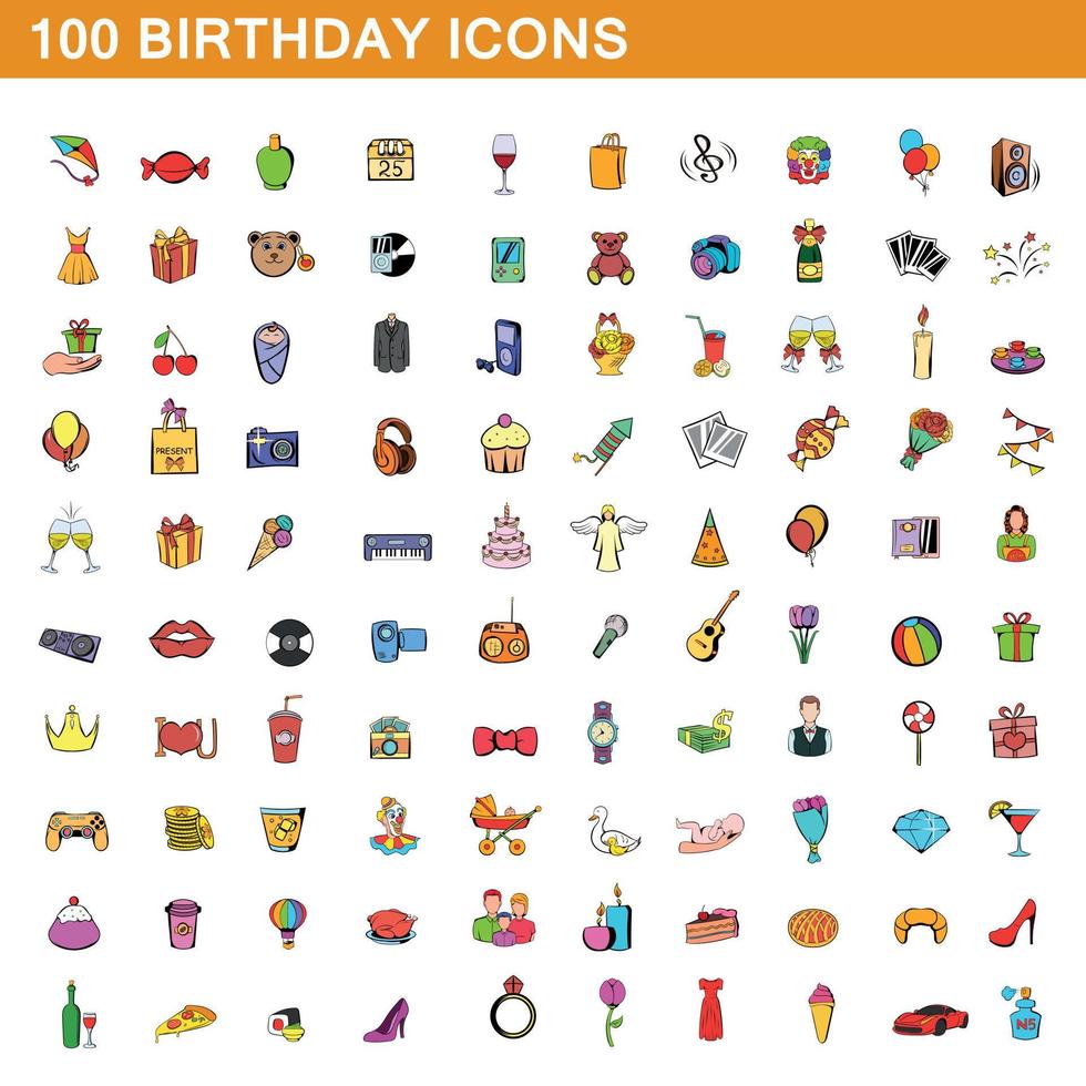 100 cumpleaños, conjunto de iconos de estilo de dibujos animados vector