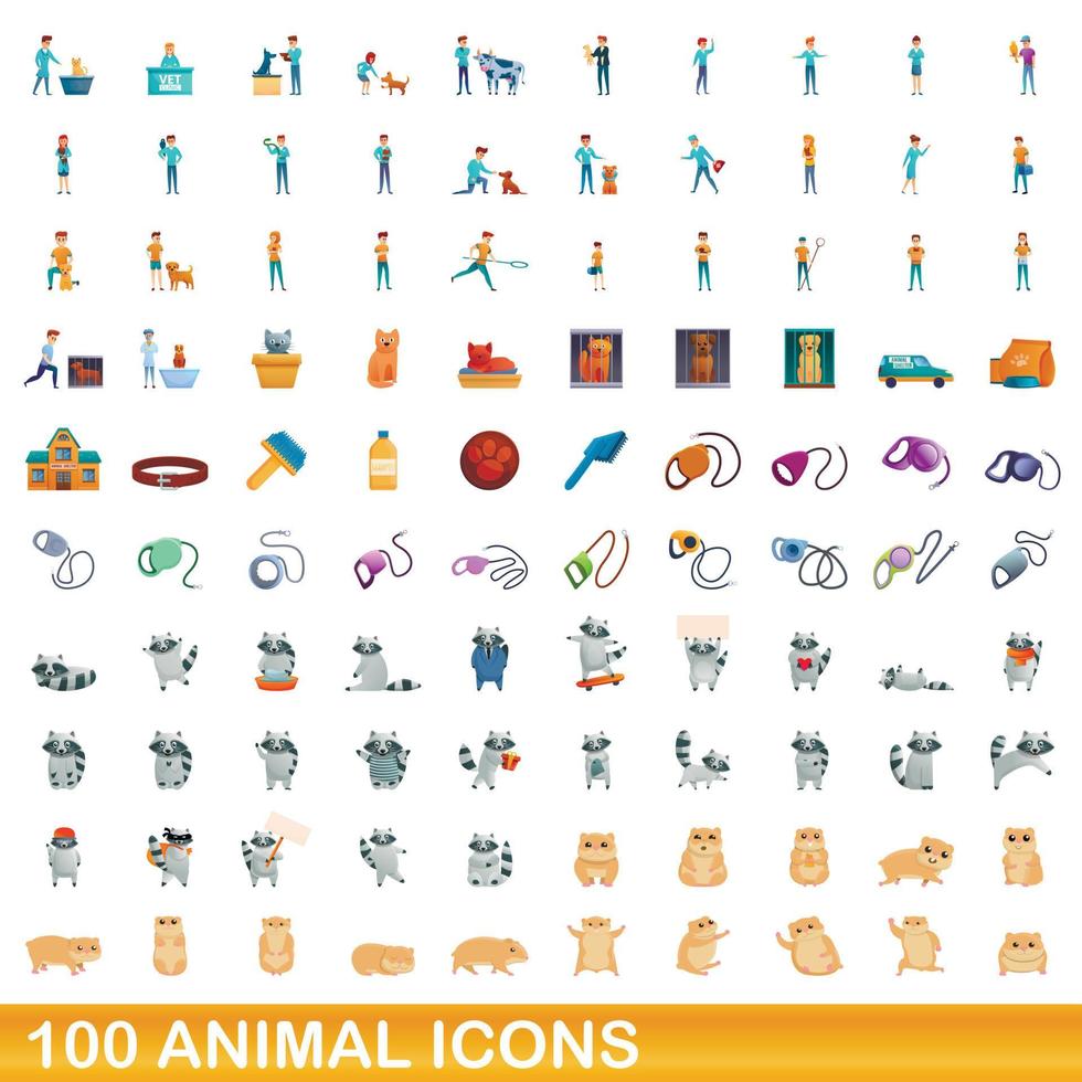 100 animales, conjunto de iconos de estilo de dibujos animados vector