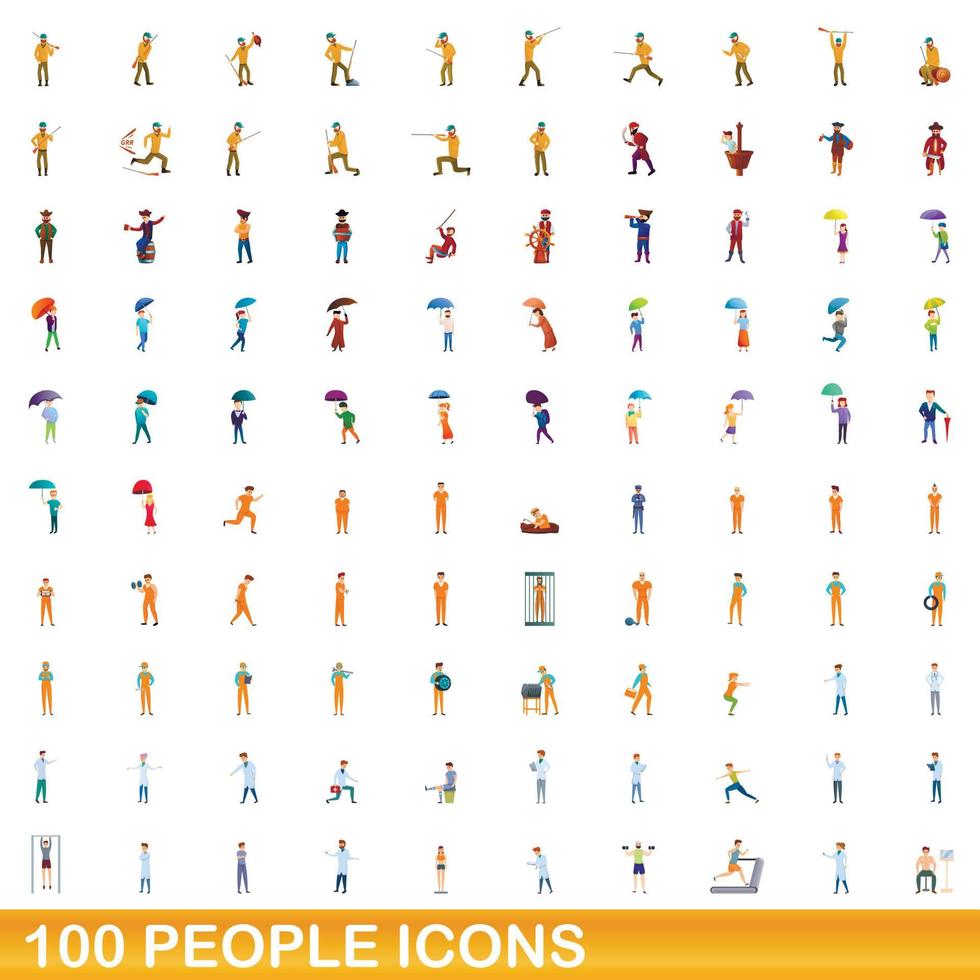 100 people icons set, cartoon style vector