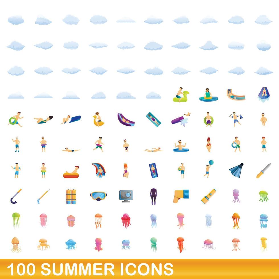 100 summer icons set, cartoon style vector