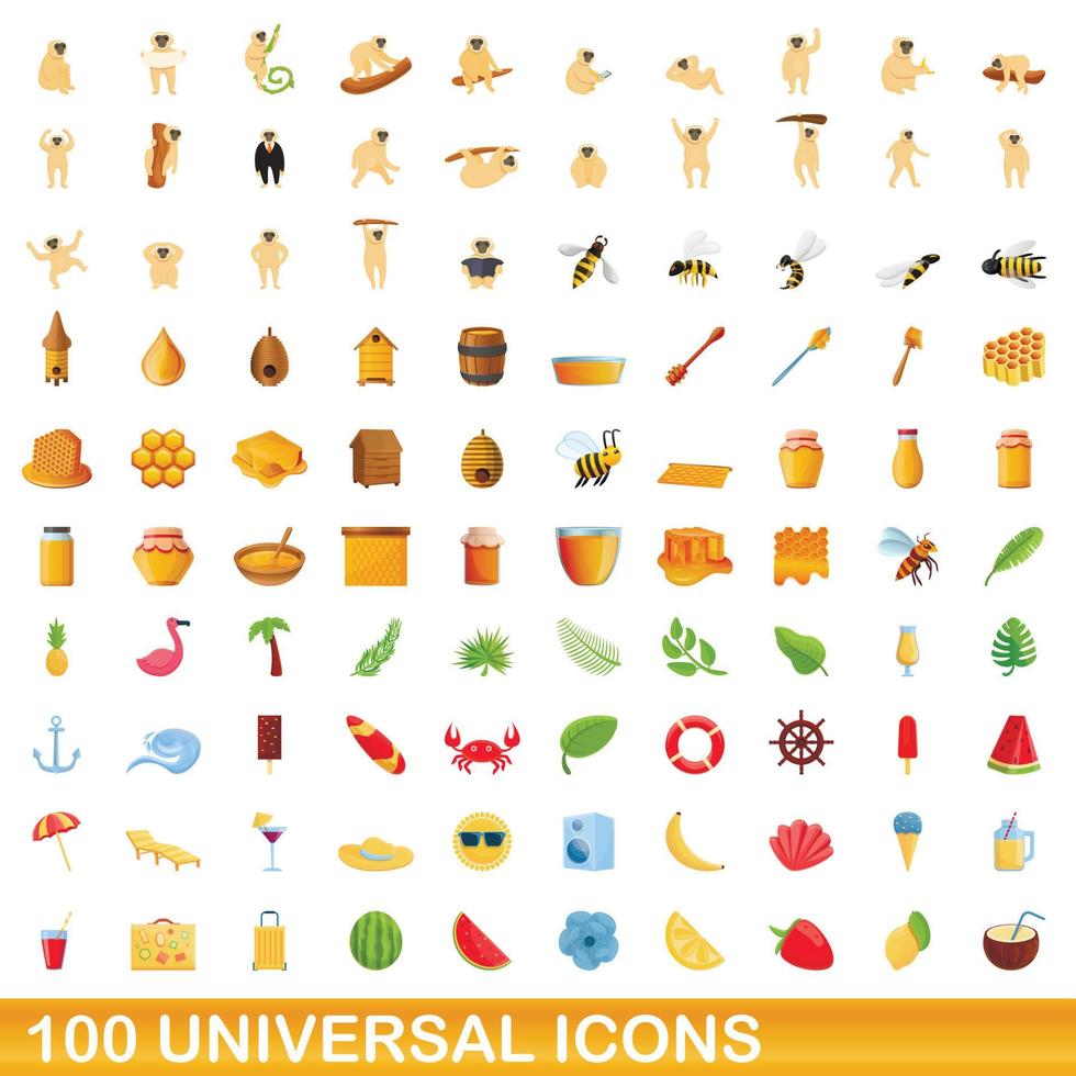 100 universal icons set, cartoon style vector