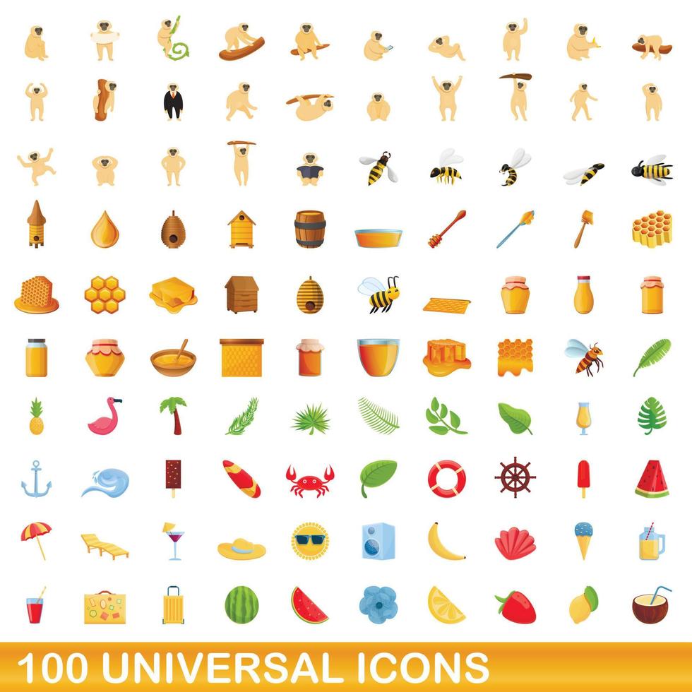 100 iconos universales, estilo de dibujos animados vector