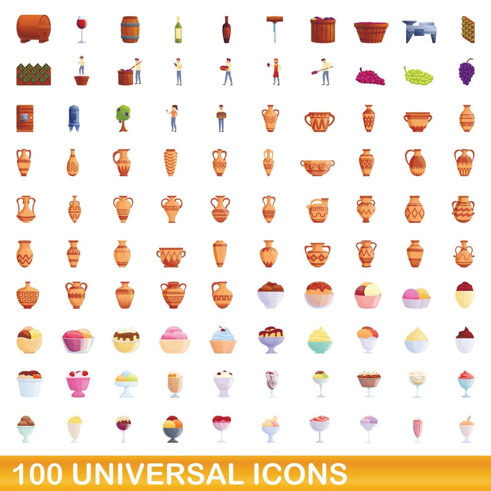 100 iconos universales, estilo de dibujos animados vector