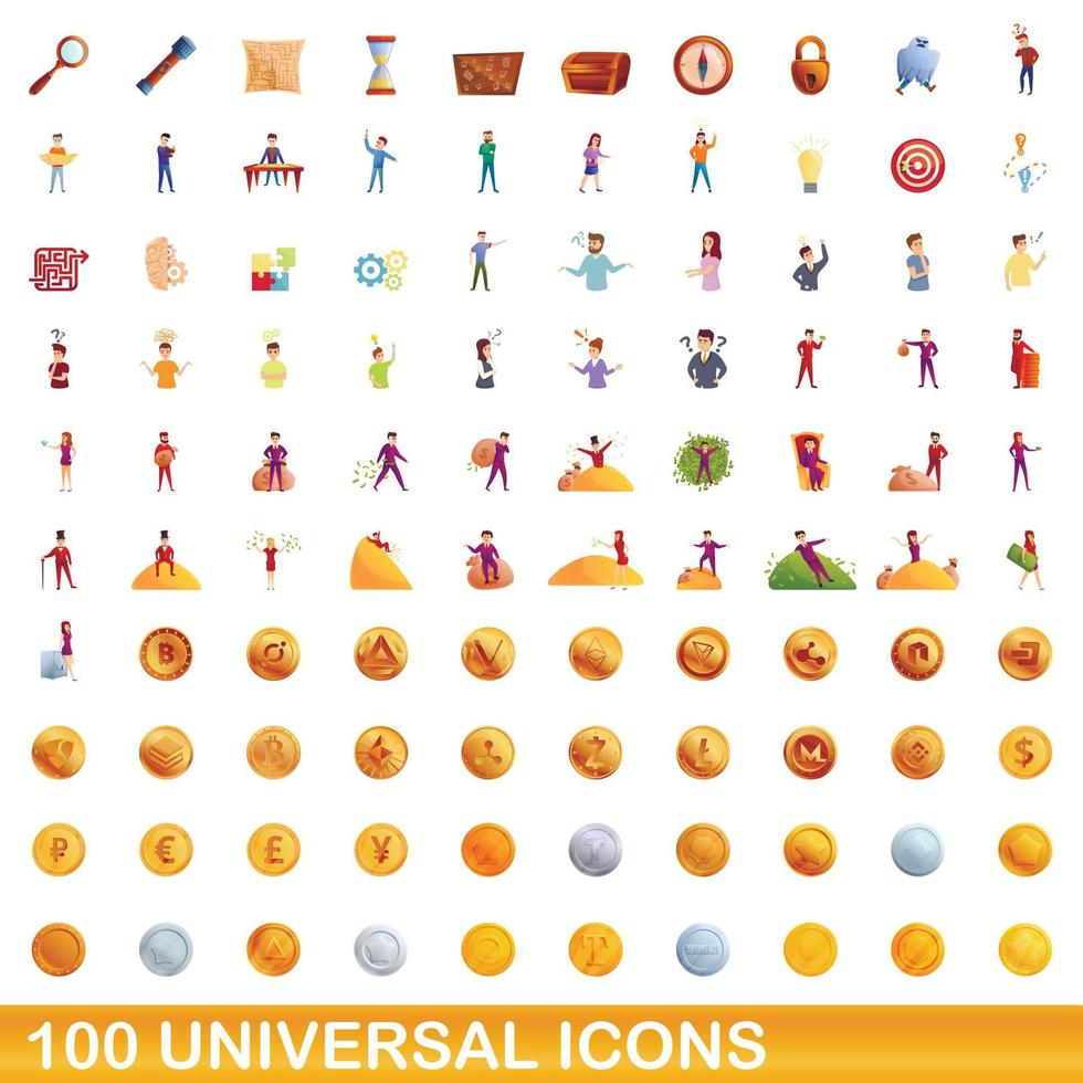 100 universal icons set, cartoon style vector
