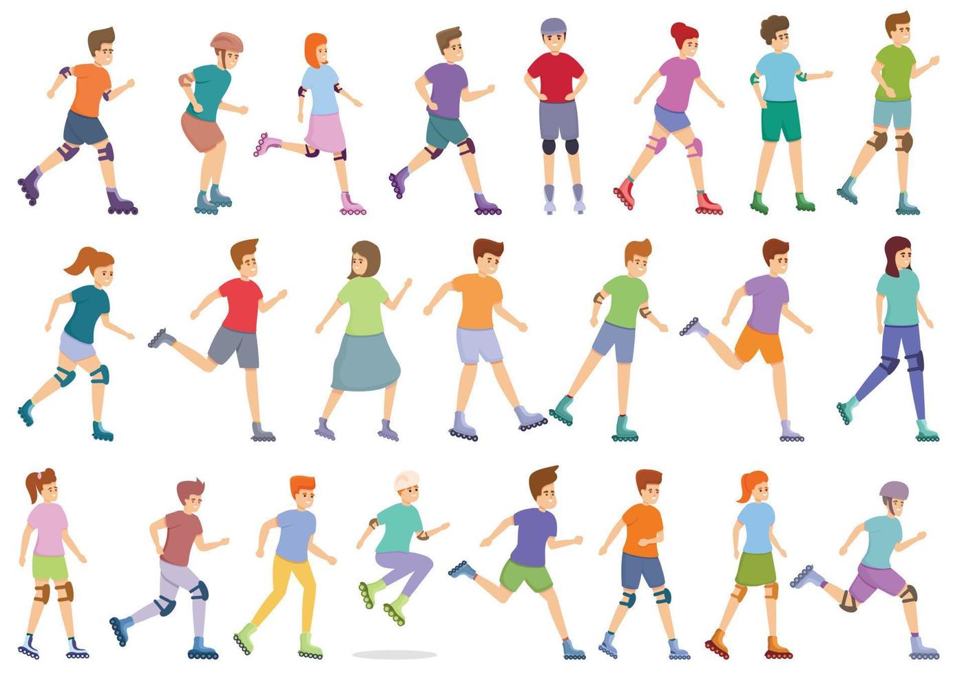 Children rollerblading icons set, cartoon style vector