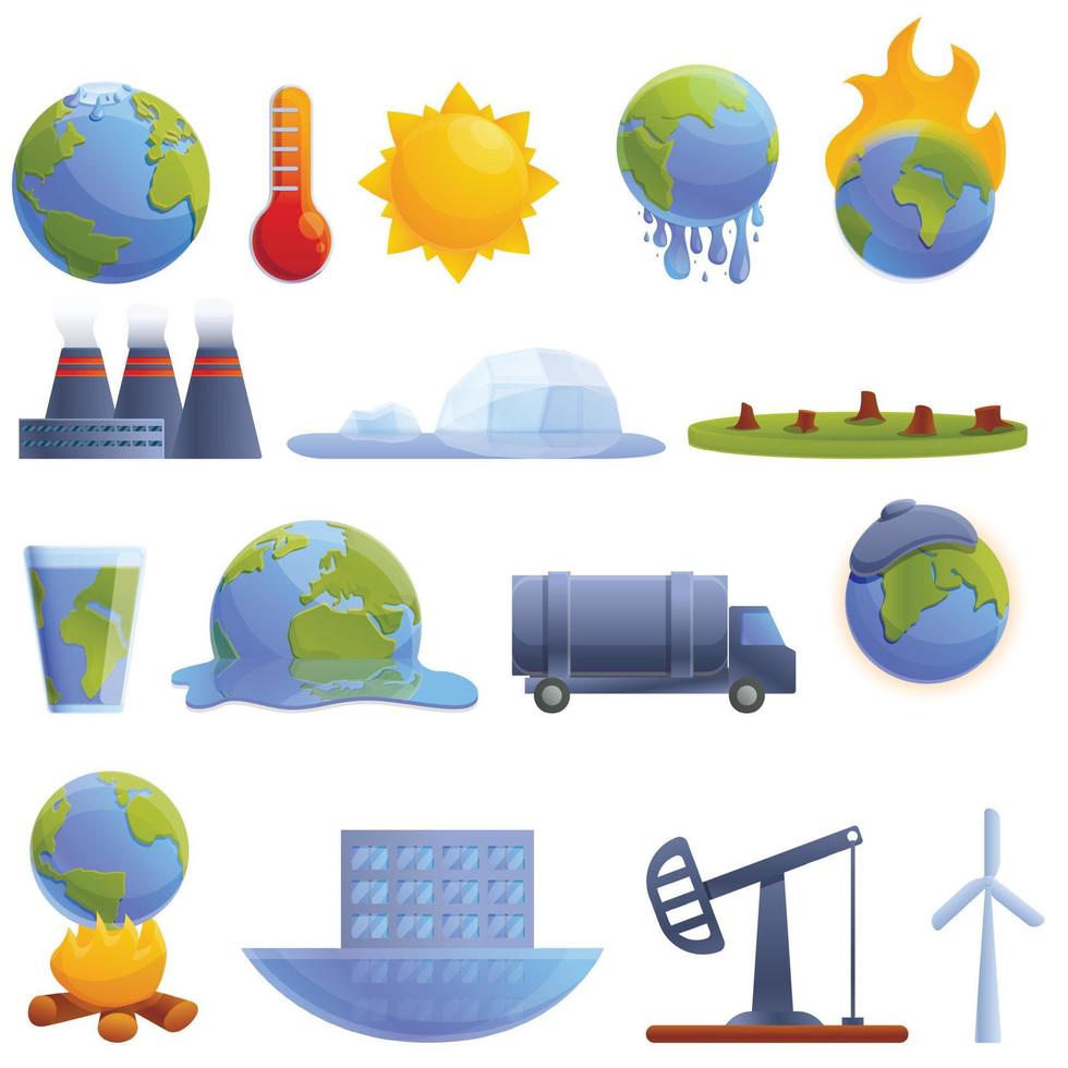 Global warming icons set, cartoon style vector