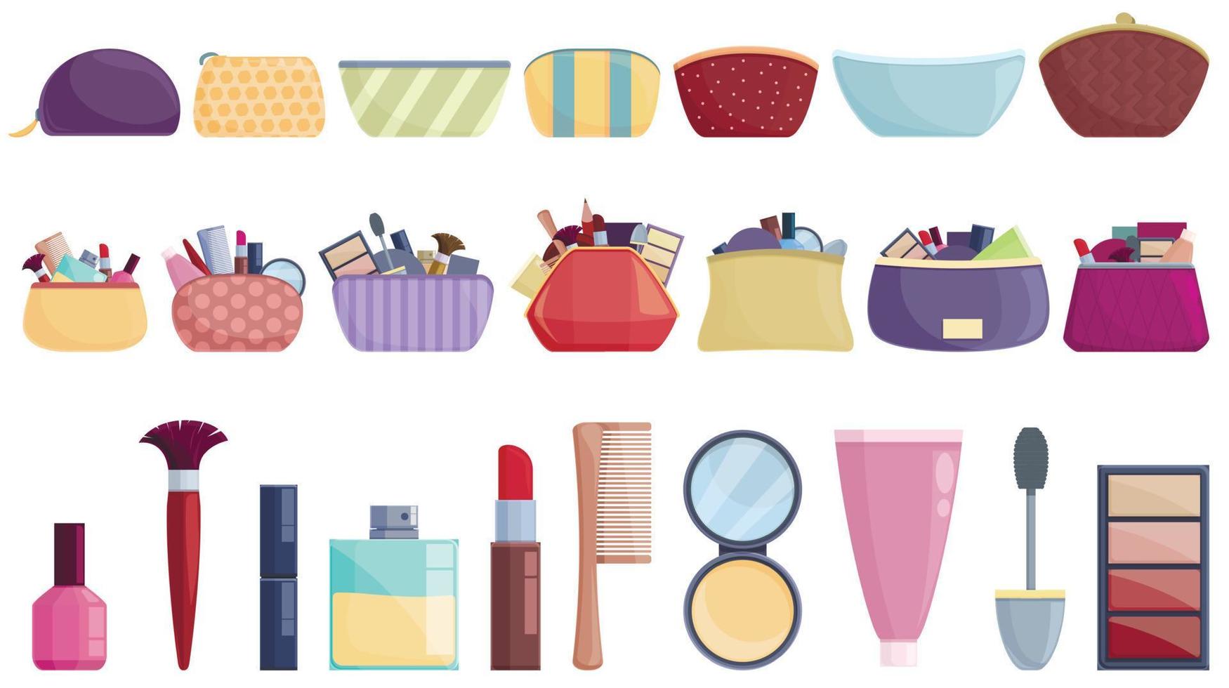 conjunto de iconos de bolsa cosmética vector de dibujos animados. peluquero accesorio