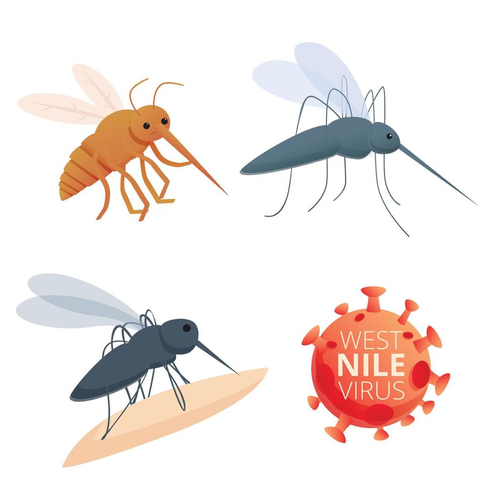 West nile virus icons set, cartoon style vector