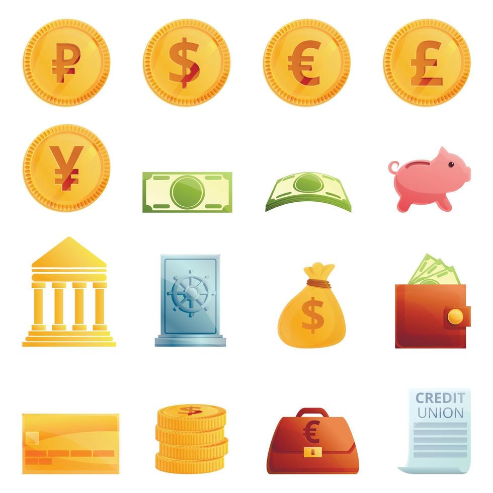 Credit union icons set, cartoon style vector