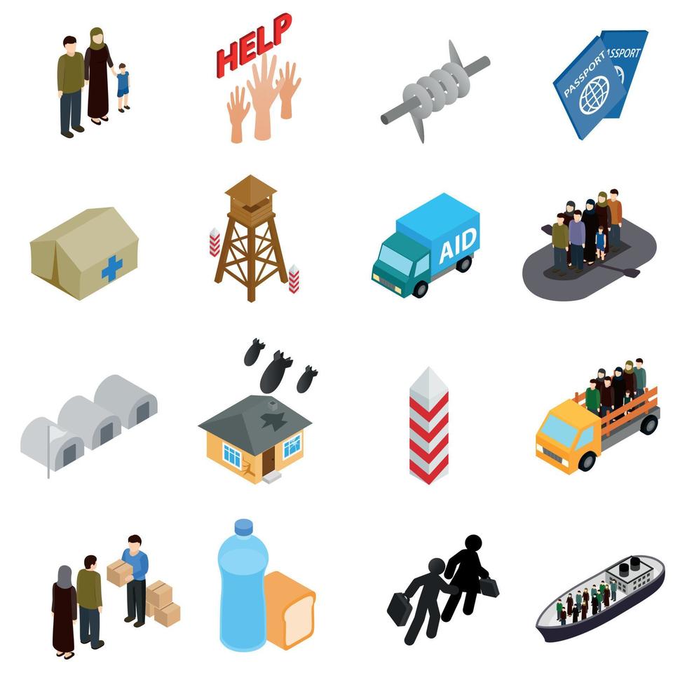 conjunto de iconos de refugiados, estilo 3d isométrico vector