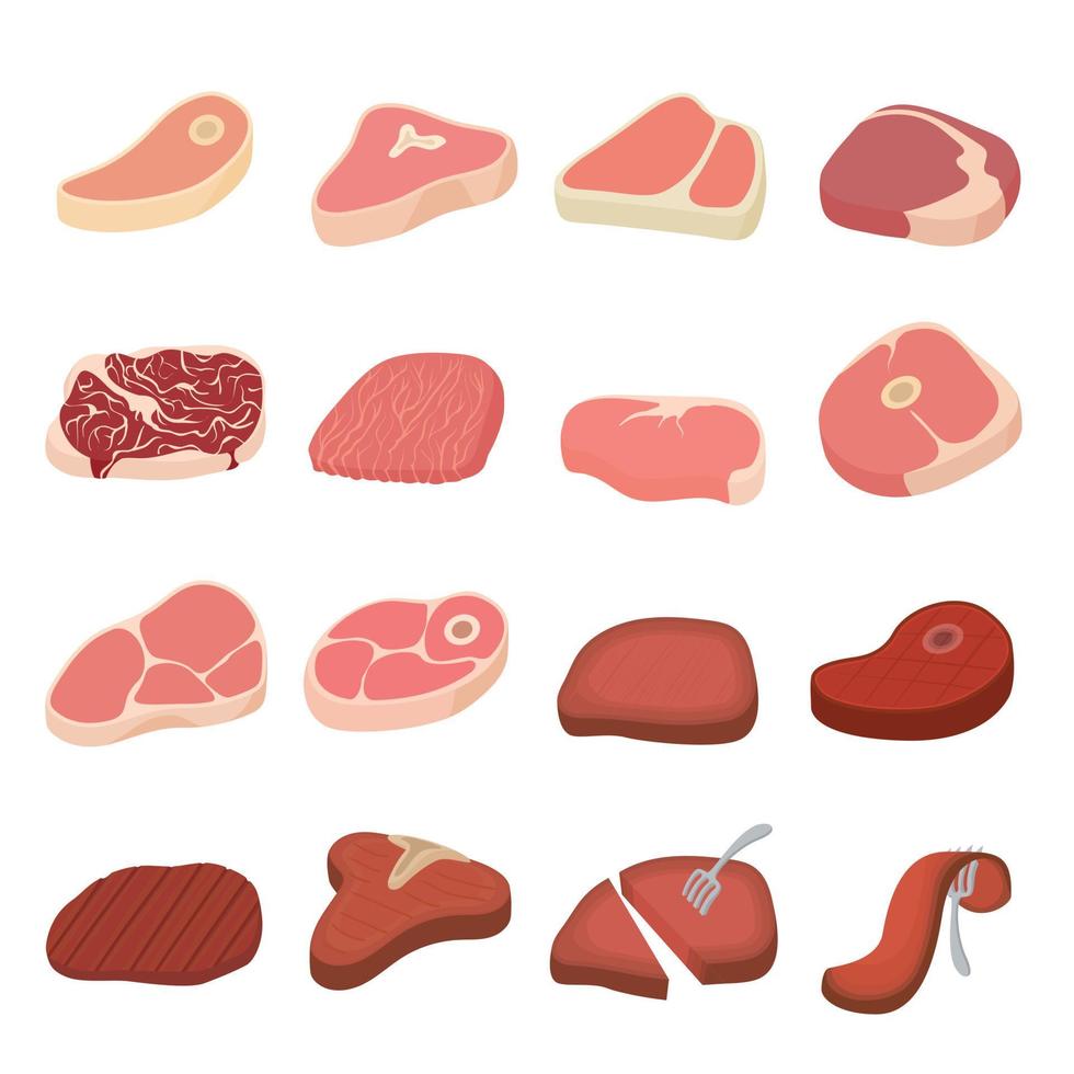 Steak icons set, cartoon style vector