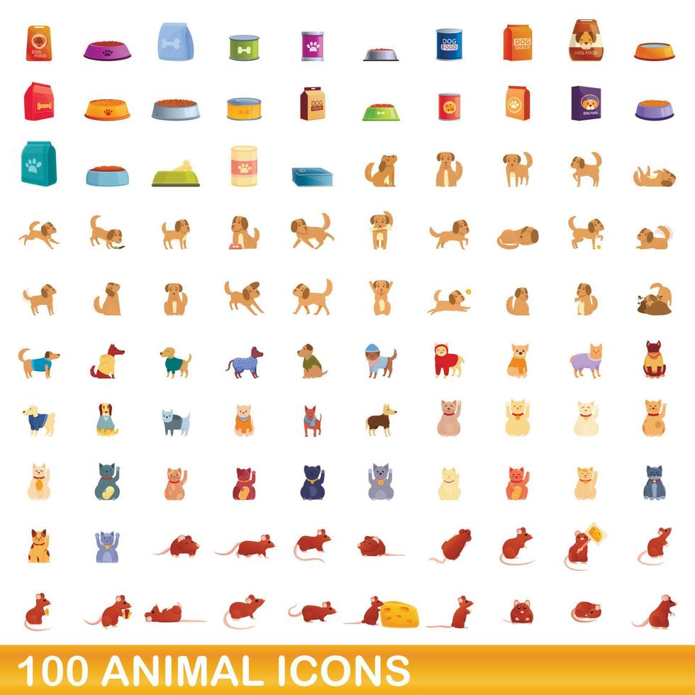 100 animal icons set, cartoon style vector