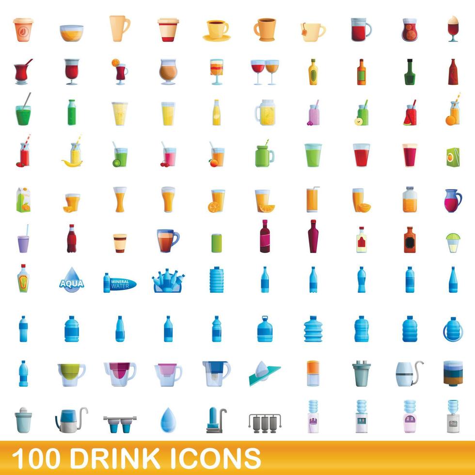 100 drink icons set, cartoon style vector