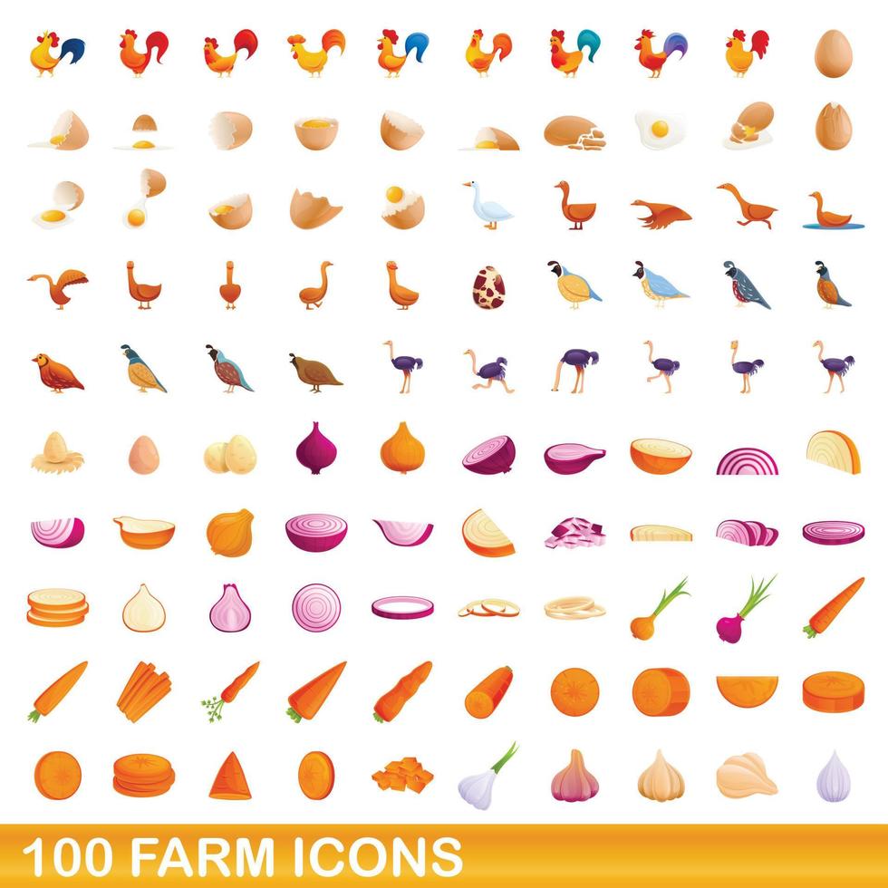 100 farm icons set, cartoon style vector